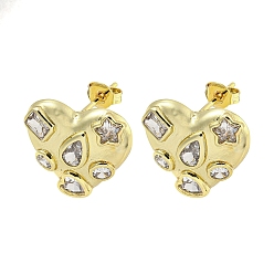 Golden Heart Rack Plating Brass Micro Pave Cubic Zirconia Earrings for Women, Cadmium Free & Lead Free, Long-Lasting Plated, Golden, 16x17mm