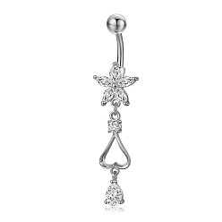 Transparent Piercing-Schmuck, kubischer Zirkiona-Nabelring aus Messing, Bauchringe, mit 304 Edelstahlleiste, Bleifrei und cadmium frei, Herzen und Blumen, Transparent, 48 mm, Anhänger: 24x12 mm, Stange: 15 Spurweite(1.5mm), Stangenlänge: 3/8"(10mm)