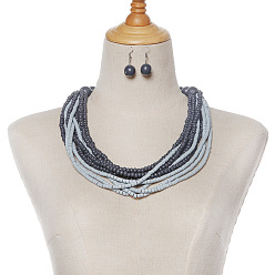 Шифер Серый Комплекты из деревянных подвесных сережек и многослойных ожерелий, круглые, шифер серый, 580 мм