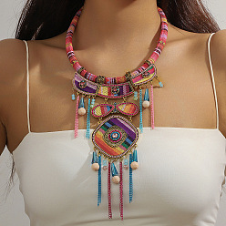 Ярко-Розовый Женские нагрудные ожерелья в стиле бохо из сплава розового цвета со стразами, окрашенными перьями и полиэстеровой тканью в форме ромба, античная бронза, ярко-розовый, 18.70 дюйм (47.5 см)