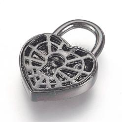 Gunmetal Brass Micro Pave Cubic Zirconia Pendants, Heart Padlock, Gunmetal, 20x14x3.5mm, Hole: 6x6.5mm
