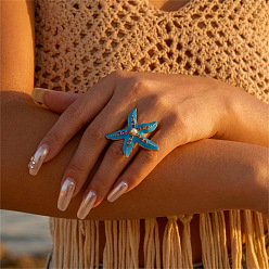 Deep Sky Blue Alloy Enamel & Rhinestone Finger Rings, Starfish, with Plastic Pearl, Golden, Deep Sky Blue, 17mm