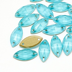 Аквамарин Шить на горный хрусталь, стиль мокко, k 9 стеклянный страз, два отверстия, аксессуары для одежды, граненые, лошадиный глаз , случайное цветное покрытие, имитация нефрита, аквамарин, 15x7x4 мм, отверстие : 1 мм