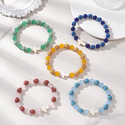 Смешанные камни Браслеты из натуральной лавовой породы и малазийского нефрита с круглыми бусинами, эластичные., Бижутерия в виде креста из синтетической бирюзы для женщин и мужчин, бусины : 8.5 мм, внутренний диаметр: 2.13 дюйм (5.4 см)