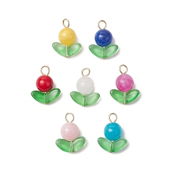 Золотой Подвески из натурального машанского нефрита, натурального белого нефрита и натурального кварца, подвески-цветы со стеклянными листьями, смешанные окрашенные и неокрашенные, разноцветные, золотые, 18x14x8.5 мм, отверстие : 2.5 мм