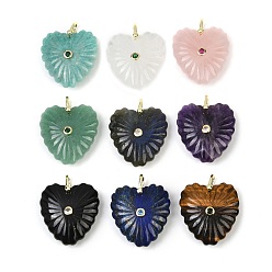 Смешанные камни Резные подвески из натурального смешанного камня, подвески в форме сердца с латунной микрофиброй и фианитами, золотые, смешанные окрашенные и неокрашенные, 32x30x11.5 мм, отверстие : 6x5.5 мм