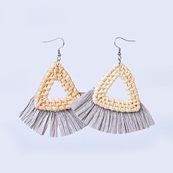 Gris Clair Boucles d'oreilles faites à la main de canne / rotin, avec bordure en papier et franges et 304 crochets en acier inoxydable, gris clair, 81~88 mm, broches: 0.6 mm