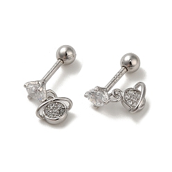 Platino 925 Pendientes de plata de ley con micro pavé de circonita cúbica para mujer., pendientes de cartílago, planeta, Platino, 10x5.5 mm