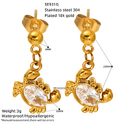 Crab Ocean 304 Stainless Steel Pave Clear Cubic Zirconia Stud Dangle Earrings for Women, Golden, Crab, 20mm
