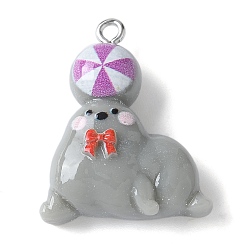 Темно-Серый Подвески из непрозрачной смолы цирк, с платиновыми железными петлями, морской лев с мячом, 28.5x22.5x9 мм, отверстие : 2 мм