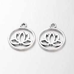 Античное Серебро Тибетском стиле филигрань сплава подвески, плоские круглые с лотоса, без кадмия и без свинца, античное серебро, 24x20x1.5 мм, отверстие : 2.3 мм