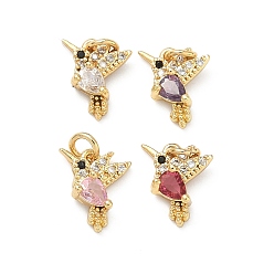 (52) Непрозрачная лаванда Латунные микро проложить кубического циркония подвески, амулеты птиц, без свинца и без кадмия, стойки покрытие, долговечный, реальный 18 k позолоченный, разноцветные, 10x9x3.5 мм, Перейти кольцо: 4x0.8 мм, 2.5 мм внутренним диаметром