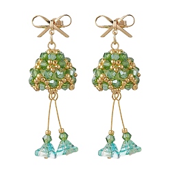 Зелено-Желтый Серьги-гвоздики с рождественским колокольчиком из латуни и стекла, со стеклянными жемчужными бусинами и кубическими цирконами, золотые, зеленый желтый, 54~56x19 мм