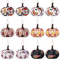 Mixed Color 12Pcs 6 Colors Cloth Pendant Decorations, with Hemp Rope & Foam Filled, Autumn Theme, Pumpkin with Pattern, Mixed Color, 110mm, 2pcs/color