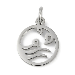 Нержавеющая Сталь Цвет Не тускнеющие 304 подвески из нержавеющей стали, с целью перехода в кольце, лазерная резка, плоский круглый с волнистыми подвесками, цвет нержавеющей стали, 14x11.5x1 мм, отверстие : 3.2 мм