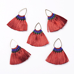 Mixed Color Polyester Tassel Big Pendants, with Brass Findings, Light Gold, Mixed Color, 59.5x60x4.5mm, Hole: 15.5x22.5mm