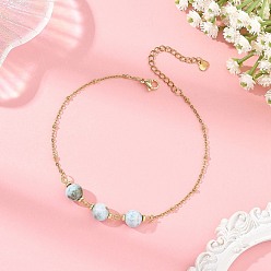 Golden Round Natural Larimar Beads 304 Stainless Steel Satellite Chain Anklets for Women, Golden, 9-1/4 inch(234mm)