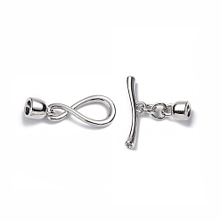 Платина Покрытие стойки латунные застежки-тумблеры, долговечный, бесконечность, платина, подходит для шнура: 2.8~3мм, бесконечность: 15.5x7.5x1.5 мм, бар: 17x4.5x2 mm