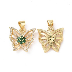 Green Brass Micro Pave Cubic Zirconia Pendants, Real 18K Gold Plated, Hollow Butterfly with Flower Charm, Green, 18.5x18x4mm, Hole: 3.5x4.5mm