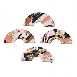 Pink Handmade Polymer Clay Pendants, with Gold & Silver Foil, Semi Circle, Pink, 16.5x32x2.5~3mm, Hole: 1.8mm
