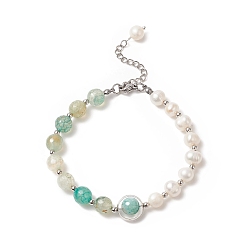 Natural Agate Natural Fire Crackle Agate & Pearl Beaded Bracelet for Women, 7-1/2 inch(19cm)