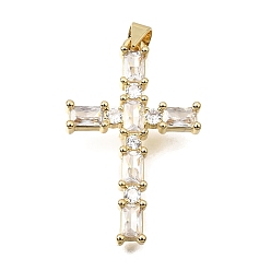 Clear Brass Pave Cubic Zirconia Pendants, Cross with Rectangle Charms, Long-Lasting Plated, Cadmium Free & Lead Free, Real 18K Gold Plated, Clear, 32.5x20.5x3.5mm, Hole: 4x3.5mm