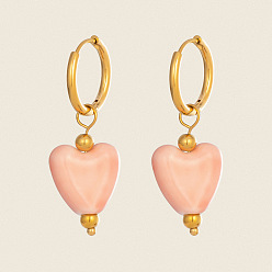 Real 18K Gold Plated 304 Stainless Steel with Handmade Procelain Hoop Dangle Earrings for Women, Heart, Real 18K Gold Plated, 39x14.3x12x2mm