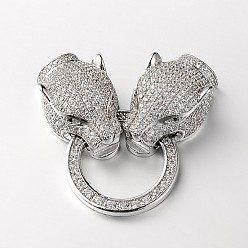 Платина Латунные микро проложить кубического циркония раз за застежками, леопард головы, без кадмия и без свинца, платина, 49x21x10.5 мм, отверстие : 1 мм