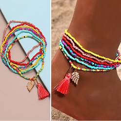 Красный Комплекты многослойных браслетов на лодыжку из богемской смолы и стеклянных бусин, с подвесками в виде крыльев из сплава кристаллов и страз и кисточкой, золотые, красные, 9-1/8 дюйм (230 мм), 6 шт / комплект