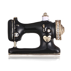 Black Alloy Enamel Brooch, with Rhinestone, Sewing Machine, Black, 26x36mm