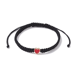 Black Nylon Thread Braided Bead Adjustable Bracelets, with Alloy Enamel Heart, for Women, Black, Inner Diameter: 2-3/8~4-1/8 inch(6.1~10.6cm)