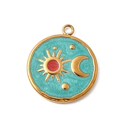 Бирюза 304 нержавеющей стальной эмали подвески, плоский круг, луна и солнце, золотые, ионное покрытие (ip), бирюзовые, 23.5x20x2 мм, отверстие : 1.8 мм