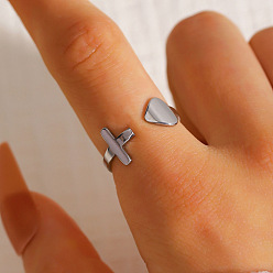 Stainless Steel Color 304 Stainless Steel Cuff Open Rings, Cross & Heart, Stainless Steel Color, 17mm