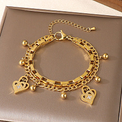 Сердце День матери 304 Браслеты из нержавеющей стали с цепочками Фигаро и коробчатой цепочкой, двухслойные, браслеты с подвесками для женщин, со стразами, золотые, сердце со словом «мама» и подсолнух, 7.48 дюйм (19 см)
