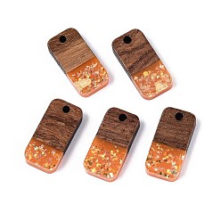 Темно-Оранжевый Подвески из непрозрачной смолы и орехового дерева, прямоугольник амулеты, с блестящей пудрой и золотой фольгой, темно-оранжевый, 20.5~21x10x3 мм, отверстие : 2 мм