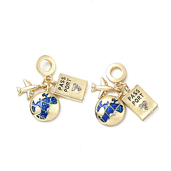 Полуночно-синий Европейские подвески-шармы из латуни с эмалью в виде самолета, земли и паспорта, подвески с большими отверстиями и прозрачными кубическими цирконами, реальный 18 k позолоченный, без кадмия и без свинца, темно-синий, 27 мм, отверстие : 4.5 мм