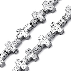 с Платиновым Покрытием Гальванические бусины из натуральной лавы, крестик, с покрытием платиным, 10x8x4~4.5 мм, отверстие : 0.8~1 мм, около 38 шт / нитка, 31.10'' (79 см)