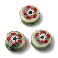 Vert mer Foncé Perles plates rondes en porcelaine à motif floral faites à la main, Perles en céramique vintage à motif de fleur rouge à cinq pétales, vert de mer foncé, 11~12x7mm