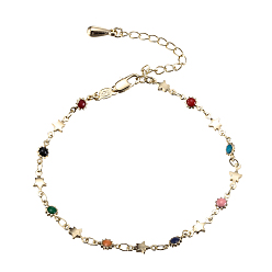 Golden Brass Enamel Link Bracelets, with Lobster Claw Clasps, Star & Sunflower, Golden, 7-5/8 inch(19.5cm)