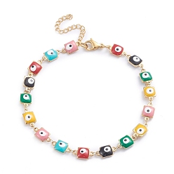 Golden 304 Stainless Steel Anklets, with Enamel and Lobster Claw Clasps, Square with Evil Eye, Colorful, Golden, 10-1/4 inch(26cm)