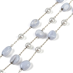 Ангелит Ионное покрытие (ip) 304 цепи для канцелярских скрепок из нержавеющей стали, с натуральными бусинами ангелита и жемчужинами из АБС-пластика, реальный 18 k позолоченный, 11x7x4x5 мм, около 32.81 футов (10 м) / рулон