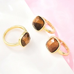 Тигровый глаз Кольца на палец из натурального тигрового глаза с латунной фурнитурой, квадратный, граненые, стойки покрытие, золотые, 17 мм