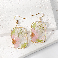 Зелено-Желтый Прямоугольные серьги-подвески из смолы и сушеных цветов, золотые, зеленый желтый, 33x24 мм