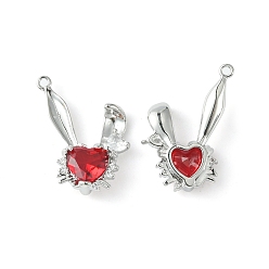Red Brass Micro Pave Cubic Zirconia Pendants, Cadmium Free & Nickel Free & Lead Free, Rabbit Head Charm, Real Platinum Plated, Red, 24x20.5x5mm, Hole: 1.5mm