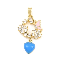 Butterfly Brass Micro Pave Clear Cubic Zirconia Pendants, Heart Charms with Pink and Blue Enamel, Golden, Butterfly, 25x15x4mm, Hole: 5x2mm