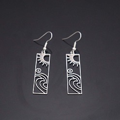Stainless Steel Color 304 Stainless Steel Dangle Earrings, Rectangle with Sun Pattern, Stainless Steel Color, 60x10.9mm