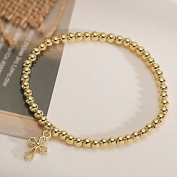 Настоящее золото 18K Латунь шарм браслеты, круглые бусины эластичные браслеты для женщин, крестик, реальный 18 k позолоченный, 7.87 дюйм (20 см)