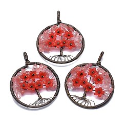 Watermelon Stone Glass Cherry Quartz Glass Pendants, with Acrylic and Brass Findings, Flat Round with Tree of Life, 59x47~47.5x9.5~10mm, Hole: 4mm
