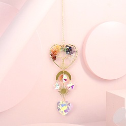 Сердце Обернутые проволокой подвески из натуральных смешанных драгоценных камней «Древо жизни», Лунное солнце и стеклянные каплевидные ловцы солнца с кисточками для оконных подвесных украшений, сердце, 385 мм