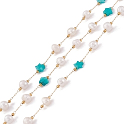 Amazonite Natural Amazonite Star and Pearl Beaded Chains, with Stainless Steel Findings, Long-Lasting Plated, Soldered, with Spool, Golden, Link: 2x0.5x0.1mm, Bead: 5.5~7x5.5~6mm, Star: 6x6~6.5x2.5~3mm